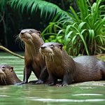 **Giant River Otter Family Fishing in Emerald Green Guyanese Jungle:** Depict a family of giant river otters playfully hunting fish in a clear river. The surrounding jungle should be lush and vibrant, showcasing the biodiversity of Guyana's rainforest. Focus on the otters' sleek bodies and playful interaction.