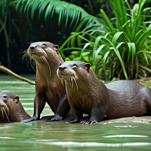 Home 19 **Giant River Otter Family Fishing in Emerald Green Guyanese Jungle:** Depict a family of giant river otters playfully hunting fish in a clear river. The surrounding jungle should be lush and vibrant, showcasing the biodiversity of Guyana's rainforest. Focus on the otters' sleek bodies and playful interaction.