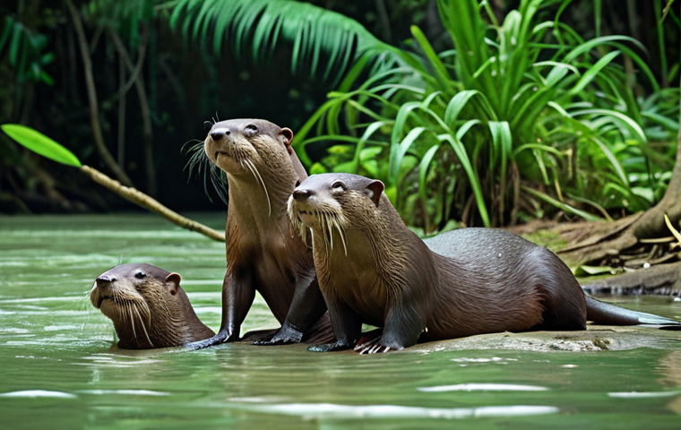**Giant River Otter Family Fishing in Emerald Green Guyanese Jungle:** Depict a family of giant river otters playfully hunting fish in a clear river. The surrounding jungle should be lush and vibrant, showcasing the biodiversity of Guyana's rainforest. Focus on the otters' sleek bodies and playful interaction.