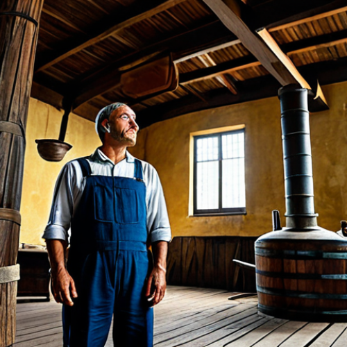 Home 18 A professional distillery worker in clean, modest work attire, standing beside a massive, aged wooden Port Mourant still inside a historic Demerara rum distillery. The light streams in through high windows, illuminating the intricate wooden structure and creating an atmospheric scene. The worker is observing the still with a look of quiet respect for the craftsmanship. Full shot, professional photography, cinematic lighting, high detail, perfect anatomy, correct proportions, natural pose, well-formed hands, proper finger count, natural body proportions, fully clothed, appropriate attire, modest clothing, safe for work, appropriate content, professional, family-friendly.