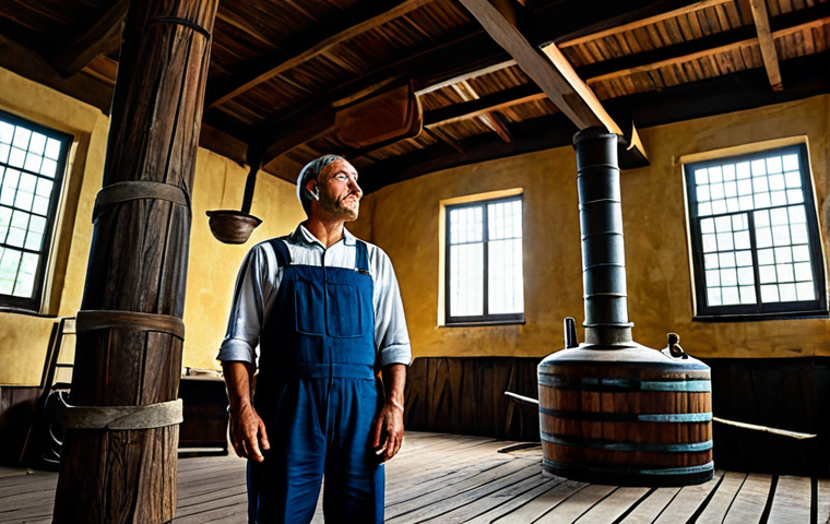 A professional distillery worker in clean, modest work attire, standing beside a massive, aged wooden Port Mourant still inside a historic Demerara rum distillery. The light streams in through high windows, illuminating the intricate wooden structure and creating an atmospheric scene. The worker is observing the still with a look of quiet respect for the craftsmanship. Full shot, professional photography, cinematic lighting, high detail, perfect anatomy, correct proportions, natural pose, well-formed hands, proper finger count, natural body proportions, fully clothed, appropriate attire, modest clothing, safe for work, appropriate content, professional, family-friendly.