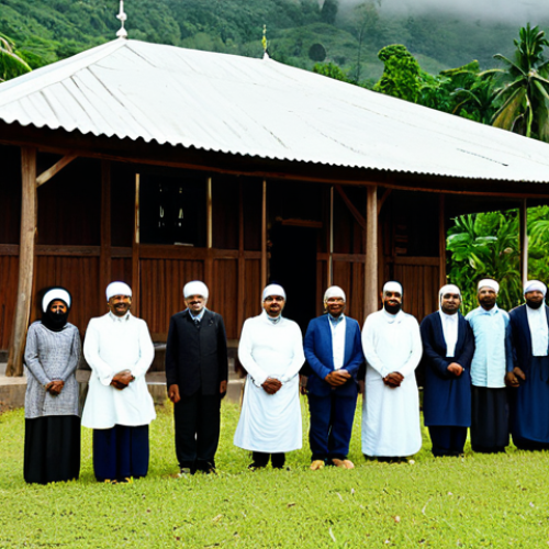 Home 17 A group of resilient Guyanese Muslim pioneers from the late 19th century, fully clothed in modest, appropriate attire, including traditional long-sleeved garments and head coverings, standing proudly in a natural pose in front of a newly constructed, simple wooden mosque. The building is set against a lush, green tropical Guyanese landscape, evoking a sense of historical community building and deep roots. The image should convey a warm, serene atmosphere with natural lighting, depicting perfect anatomy, correct proportions, well-formed hands, and proper finger count. This is a safe for work, appropriate content, family-friendly, and professional dress image.