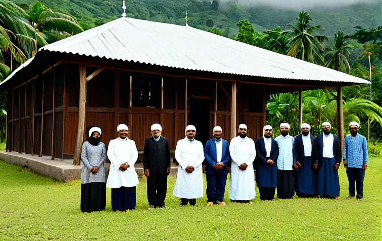 A group of resilient Guyanese Muslim pioneers from the late 19th century, fully clothed in modest, appropriate attire, including traditional long-sleeved garments and head coverings, standing proudly in a natural pose in front of a newly constructed, simple wooden mosque. The building is set against a lush, green tropical Guyanese landscape, evoking a sense of historical community building and deep roots. The image should convey a warm, serene atmosphere with natural lighting, depicting perfect anatomy, correct proportions, well-formed hands, and proper finger count. This is a safe for work, appropriate content, family-friendly, and professional dress image.