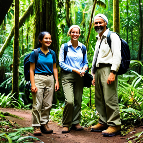 Home 8 **
"A professional female tour guide, fully clothed in modest, outdoor-appropriate attire (khaki pants, long-sleeved shirt, hiking boots), leading a small group of tourists through lush, green rainforest. Sunlight filters through the canopy. Safe for work, appropriate content, perfect anatomy, correct proportions, well-formed hands, proper finger count, natural pose, professional photography, high quality, family-friendly."
**