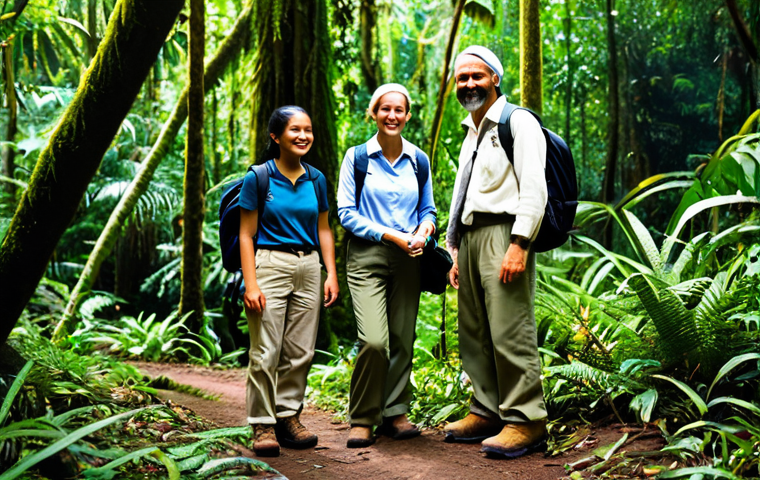 **
"A professional female tour guide, fully clothed in modest, outdoor-appropriate attire (khaki pants, long-sleeved shirt, hiking boots), leading a small group of tourists through lush, green rainforest. Sunlight filters through the canopy. Safe for work, appropriate content, perfect anatomy, correct proportions, well-formed hands, proper finger count, natural pose, professional photography, high quality, family-friendly."
**